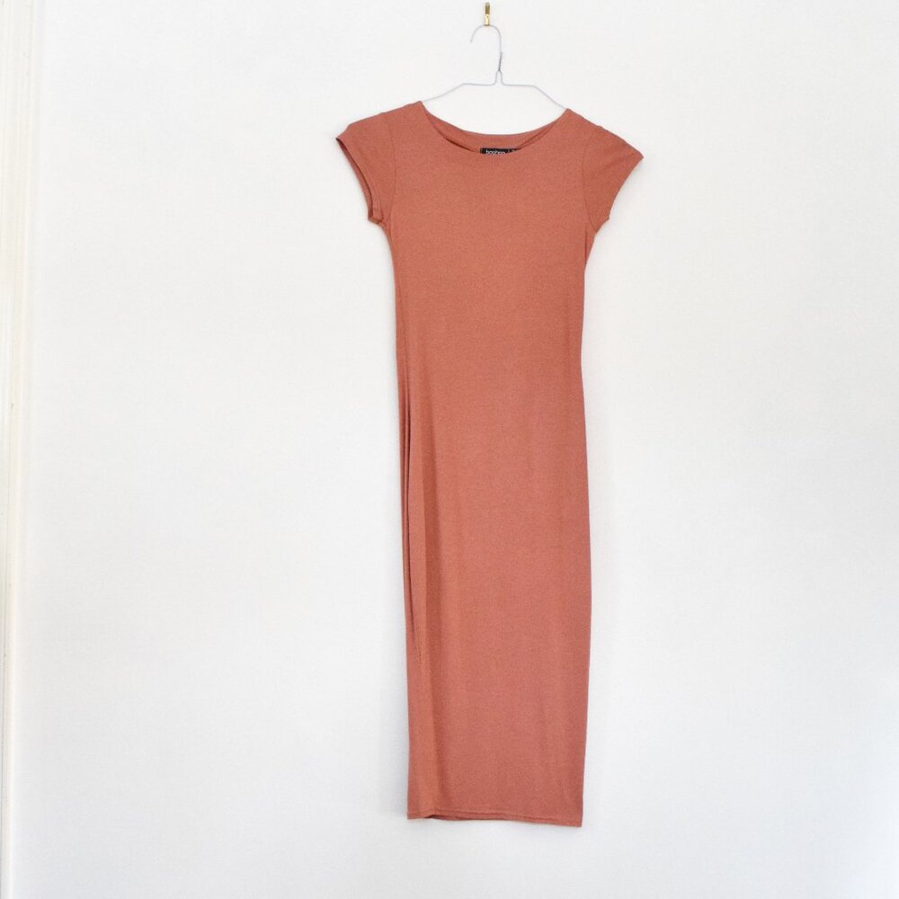 Terracotta Rust Orange Short Sleeve Pencil Bodycon Midi Dress | Size XS